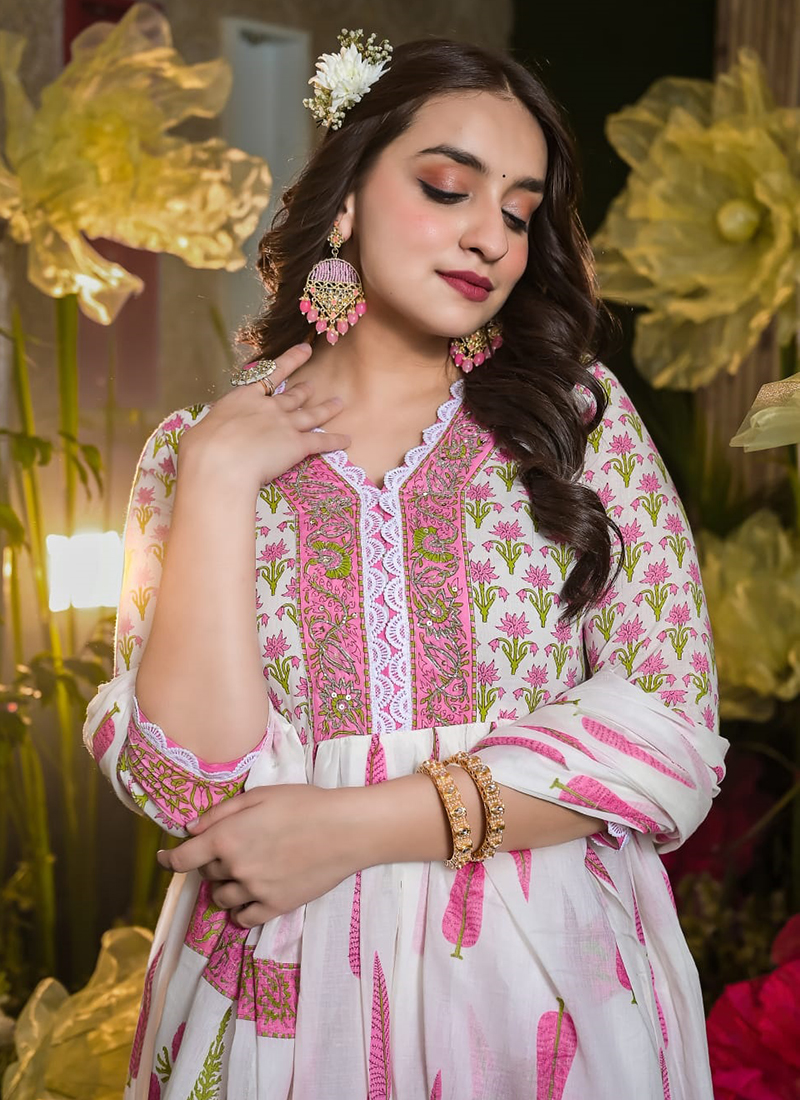 Buy White Malmal Summer Wear Hand Work Readymade Salwar Suit Online